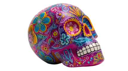 Colorful hand painted sugar skull Mexican folk art Dia de los Muertos decorative symbol cultural tradition isolated studio photography on white background