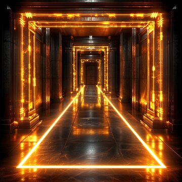 Glowing Flame-Lit Corridor with Reflective Floor
