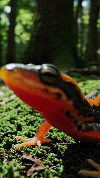 Low-angle shot of a vibrant salamander on lush green moss in a forest, creating a dynamic and immersive nature video concept.
