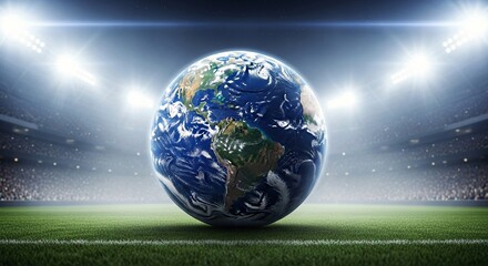 Planet Earth as a Soccer Ball on Grass in a Brightly Lit Stadium, Global Sports Concept