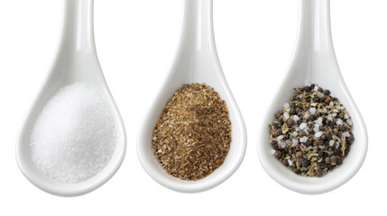 White ceramic spoons with salt pepper and spices isolated seasoning ingredients cooking concept minimal food studio photography on white background