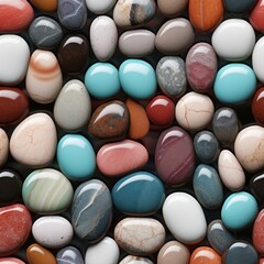 Colorful collection of smooth pebbles featuring various textures and patterns arranged in a decorative manner
