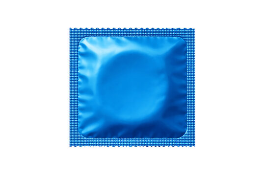 Blue Condom Packet Isolated on white Background &ndash; Safe Sex, Birth Control and Protection Concept