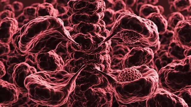 microscopic view of red cancer cells with irregular surfaces