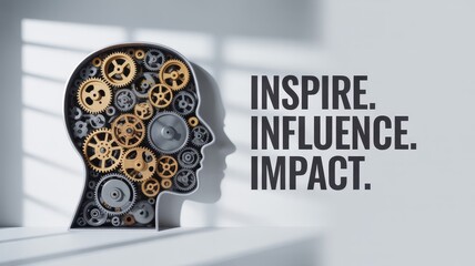 Conceptual human head filled with intricate gears representing thoughts and strategic thinking