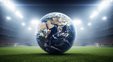 Planet Earth as a Soccer Ball on Grass in a Brightly Lit Stadium, Global Sports Concept