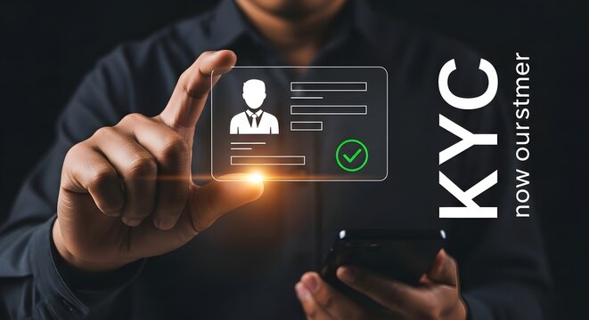 A businessman verifying customer identity for KYC process on a smartphone app