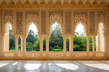 Naklejka premium Ornate stone latticework arches frame lush greenery outside a historic pavilion