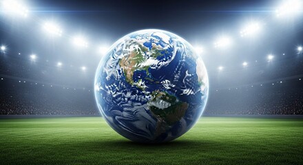 Planet Earth as a Soccer Ball on Grass in a Brightly Lit Stadium, Global Sports Concept