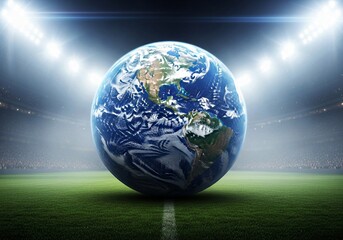 Planet Earth as a Soccer Ball on Grass in a Brightly Lit Stadium, Global Sports Concept