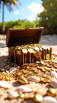 Sunken treasure chest spilling gold coins and jewelry on tropical beach with palm trees, an adventurous find on a sandy shore