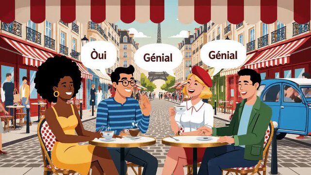 Friends Enjoying a Day at a Parisian Caf&eacute; with Landmark View
