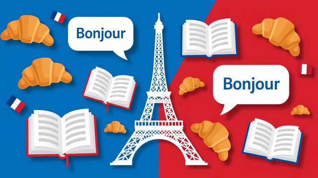 Colorful Representation of French Culture with Eiffel Tower and Croissants