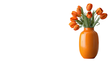 Orange tulips bouquet in ceramic vase elegant floral arrangement spring flowers home decor minimal still life on white background