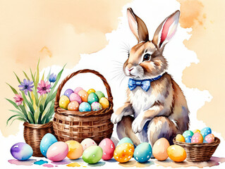 Easter bunny and Colorful Easter eggs in wicker basket. Festive spring holiday concept, celebration decoration on light background. Easter card, mockup, banner. Copy space.