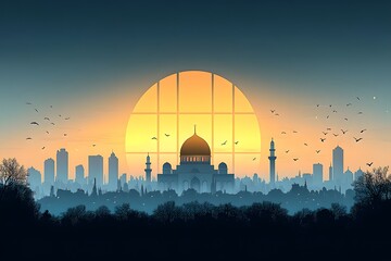 Silhouette of a large domed religious structure centered against a massive rising or setting sun over a dense urban landscape.
