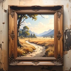Ornate frame holds a landscape painting grassy fields, winding creek, mountains, and blue sky hang on distressed wall