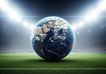 Planet Earth as a Soccer Ball on Grass in a Brightly Lit Stadium, Global Sports Concept