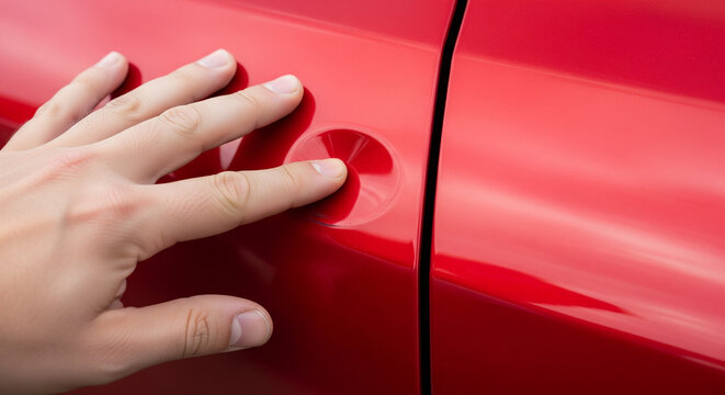 Male hand pointing at a small dent on a red car door, paintless dent repair and hail damage inspection concept
