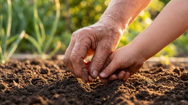 Hands working together planting seeds, symbolizing growth, care, and the transmission of knowledge between generations.