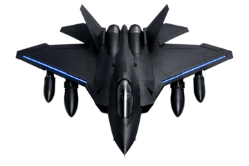 Modern Military Aviation Concept – Black Supersonic Fighter Plane Armed with Missiles on Dark Studio Background