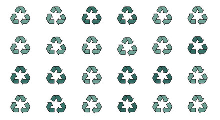 A repeating grid pattern of various green recycling symbols on a clean white background, representing environmental sustainability.