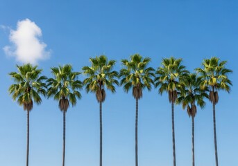 Naklejka premium Six Tall Palm Trees Against Clear Blue Sky With Fluffy Cloud