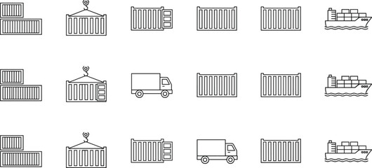 Set of thin line logistics icons featuring cargo containers, delivery trucks, shipping vessels and crane lifting operations symbols. © V Stock