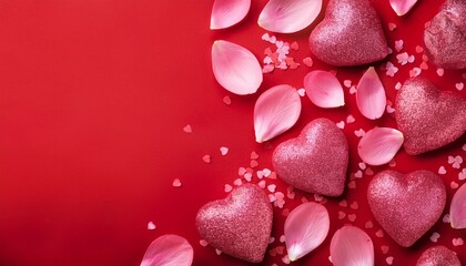 Various pink petals and pink heart shaped glitters on red background with copy space. Valentne's day concept