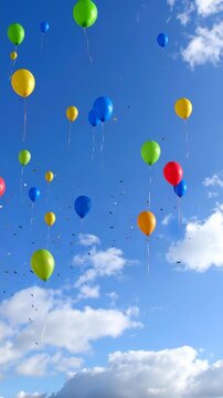 Celebratory scene of multicolored balloons soaring into a bright blue sky with scattered confetti against a backdrop of fluffy white clouds