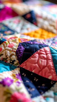 Close up view showcases the intricate textures and colorful patterns of a handmade patchwork quilt with floral prints and geometric shapes.