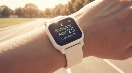 A person's wrist displays their biological age and health data on a smartwatch, promoting well-being and a healthy lifestyle. 