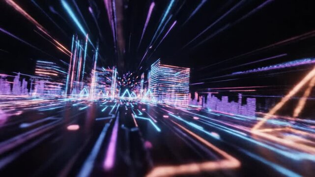 Cyberpunk cityscape featuring glowing lines and triangular light structures in blue, pink, and orange hues