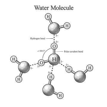 Water molecular structure showing hydrogen bonds, polar covalent bonds, and the bond angle between atoms sketch engraving generative ai vector illustration. Scratch board imitation. Black and white.