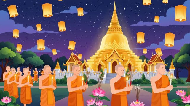 Celebration of Light with Monks and Lanterns in a Scenic Night Sky
