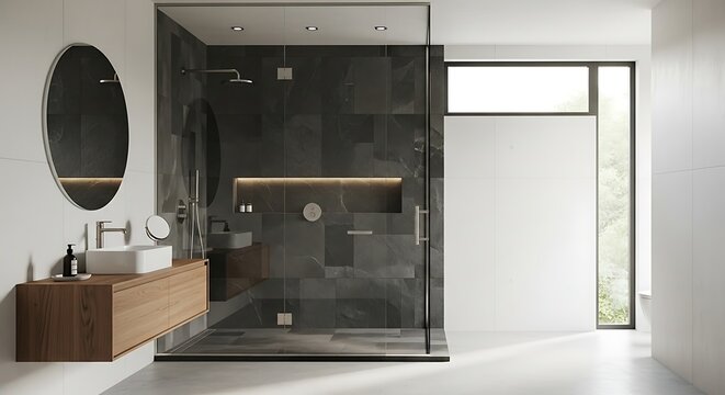 Modern bathroom interior featuring sleek glass enclosed shower and wooden vanity unit with minimalist decor and natural light from large window