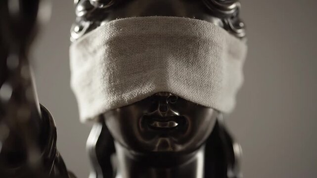 Lady Justice statue with blindfolded face, symbolizing fairness and impartiality in law, viewed closely