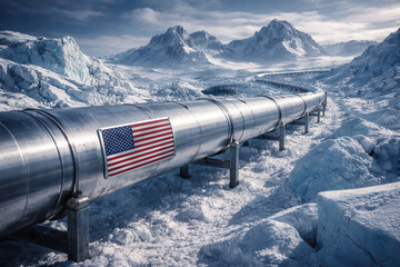 Large pipeline marked with the US flag crosses a frozen Arctic landscape, representing American energy strategy and geopolitical interest in Greenland.