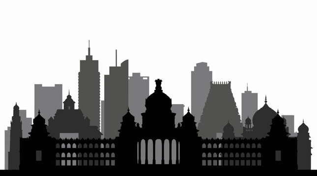 Black silhouette of Bangalore city skyline featuring Vidhana Soudha and modern skyscrapers, concept for urban development, travel brochures and architectural presentations