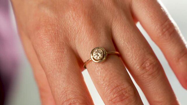 Golden Diamond Ring on Woman's Finger Close-up