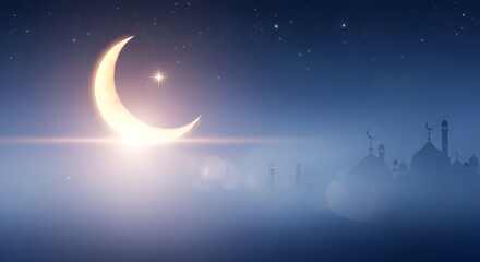 Fototapeta premium Calm Spiritual Eid Background with Glowing Crescent