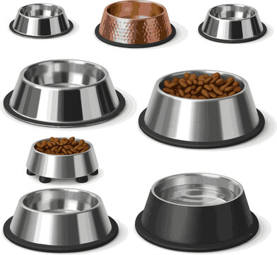 Create a kinds of deferent realistic Metals Pet bowl 3d render vector art with white background..