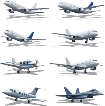 Create a kinds of deferent realistic Plane icon. Airplane icon. Travel, flight transport symbol. 3d illustration vector art with white background..