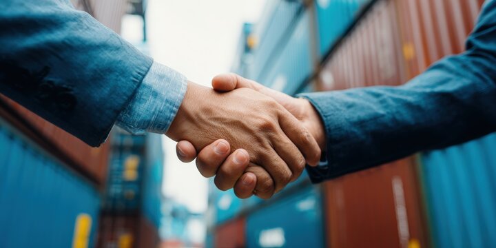 Close-up of a business handshake at a shipping port with blurred colorful containers in the background, representing a logistics partnership and global trade agreement.