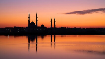 Obraz premium A serene mosque silhouette reflects majestically in calm waters at the golden hour