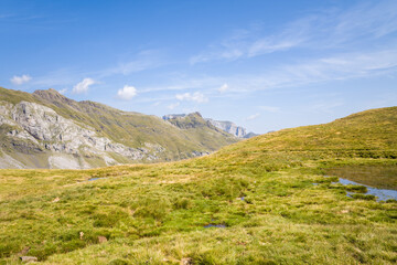 Fototapeta premium A lush green mountain meadow with patches of water sits beneath rugged rocky slopes under a bright blue sky in the Pyrenees. The scene features open grassland, textured rock faces, and soft daylight.
