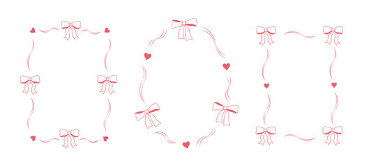 Set of pink frames with a bow and a ribbon border. Vintage doodle decorative ornament. Hand-drawn vector illustration in cute elegant coquette style.