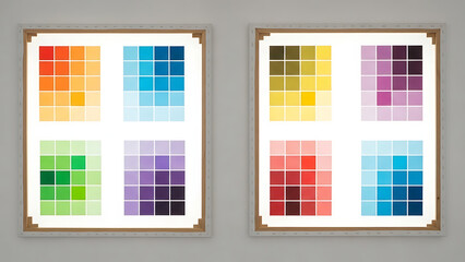 Color palette charts displayed on two whiteboards with wooden frames against a gray background showcasing various color swatches and hues - Ai Generated