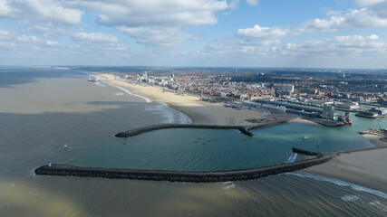 Scheveningen harbor, beach, and city skyline from above