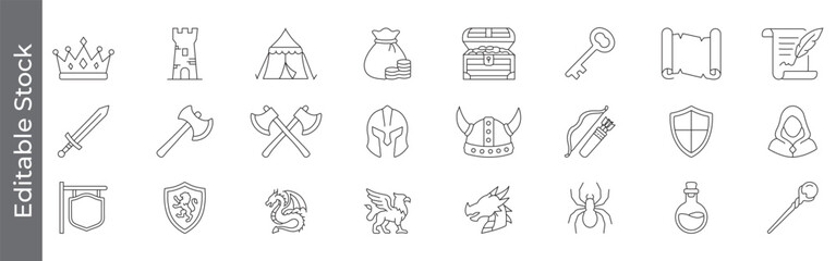 Obraz premium RPG elements, medieval fantasy, adventure icon set – editable outline symbols of crown, axe, sword, shield, dragon, helmet, scroll and treasure